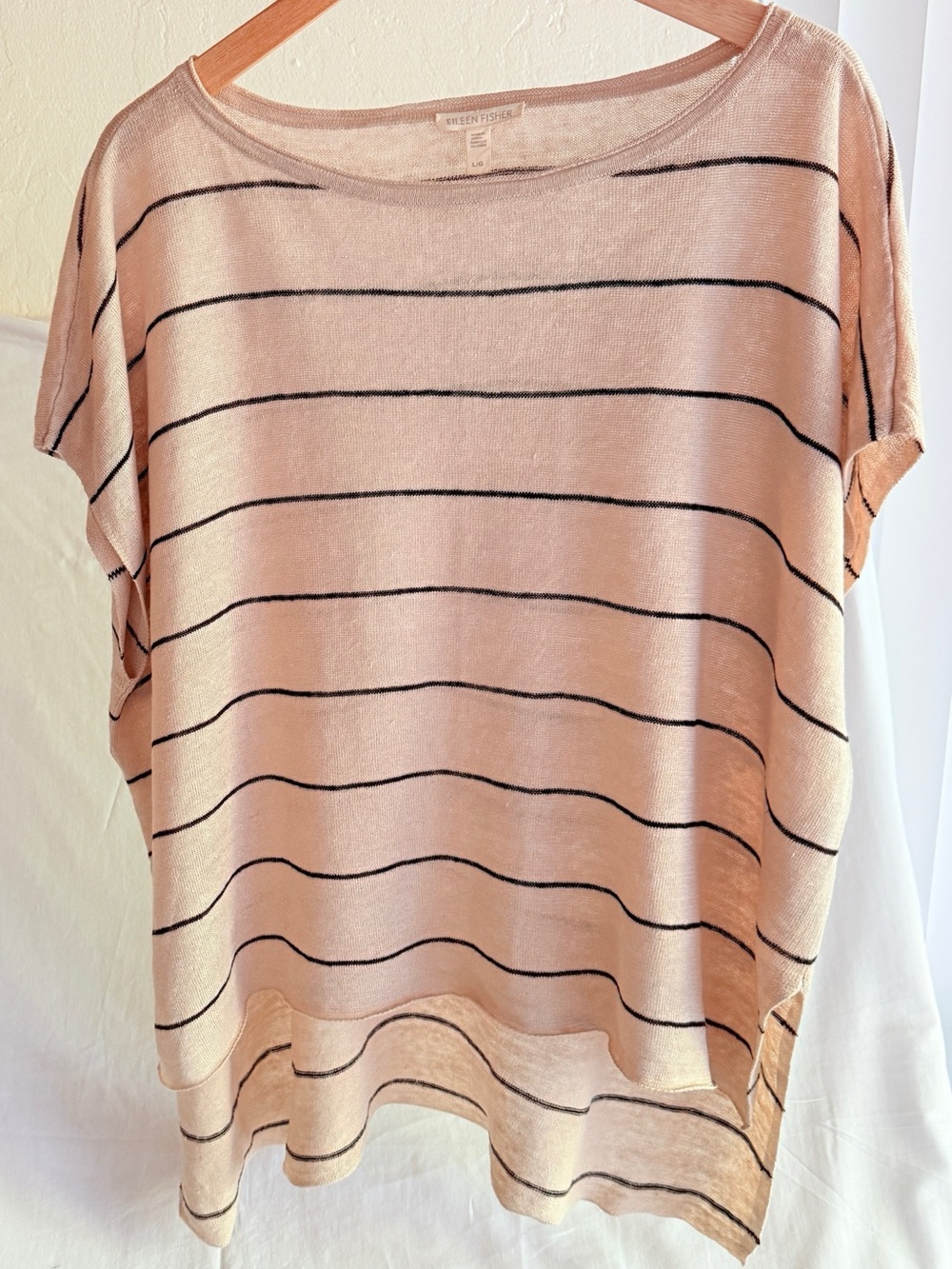 Eileen Fisher 100% Organic Linen Striped Boxy Boat Neck Top Size L